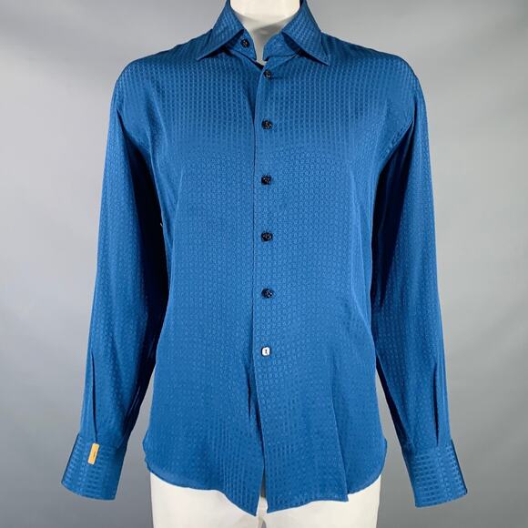 BILLIONAIRE COUTURE Size XL Blue Jacquard Silk Button Up Long Sleeve Shirt - Picture 1 of 8